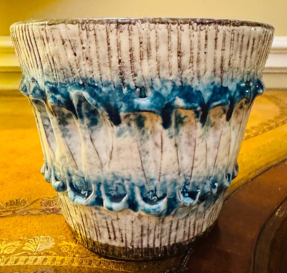 VTG Rare Mid Century Italian Textured Ceramic Art Pottery Blue Drip Bowl Planter